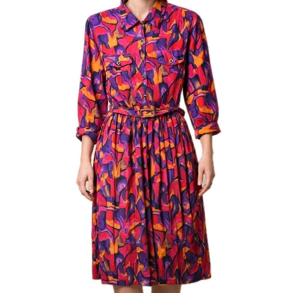 Breli Originals Vintage Bold Belted Artsy Statement Dress Size 16 Made in USA